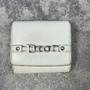 Vintage Christian Dior White Leather Compact Snap Wallet Floating Charm Logo